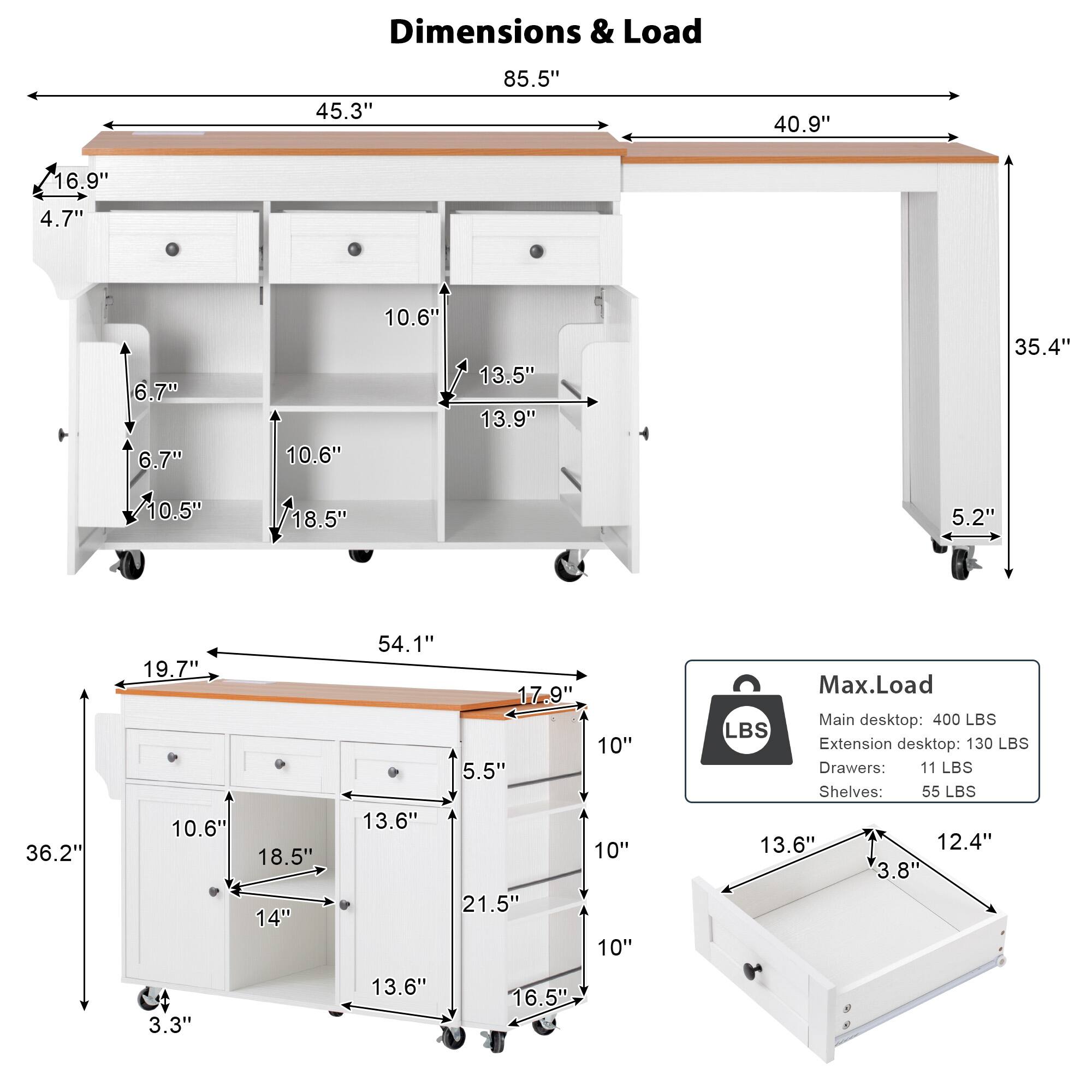 Dimensions & Load

- 45.3"
- 85.5"
- 40.9"
- 16.9"
- 4.7"
- 6.7"
- 6.7"
- 10.5"
- 10.6"
- 18.5"
- 10.6"
- 13.5"
- 13.9"
- 35.4"
- 5.2"
- 36.2"
- 19.7"
- 10.6"
- 18.5"
- 14"
- 54.1"
- 17.9"
- 10"
- 5.5"
- 13.6"
- 10"
- 21.5"
- 10"

Max. Load
- Main desktop: 400 LBS
- Extension desktop: 130 LBS
- Drawers: 11 LBS
- Shelves: 55 LBS

- 12.4"
- 3.8"
- 13.6"
- 1