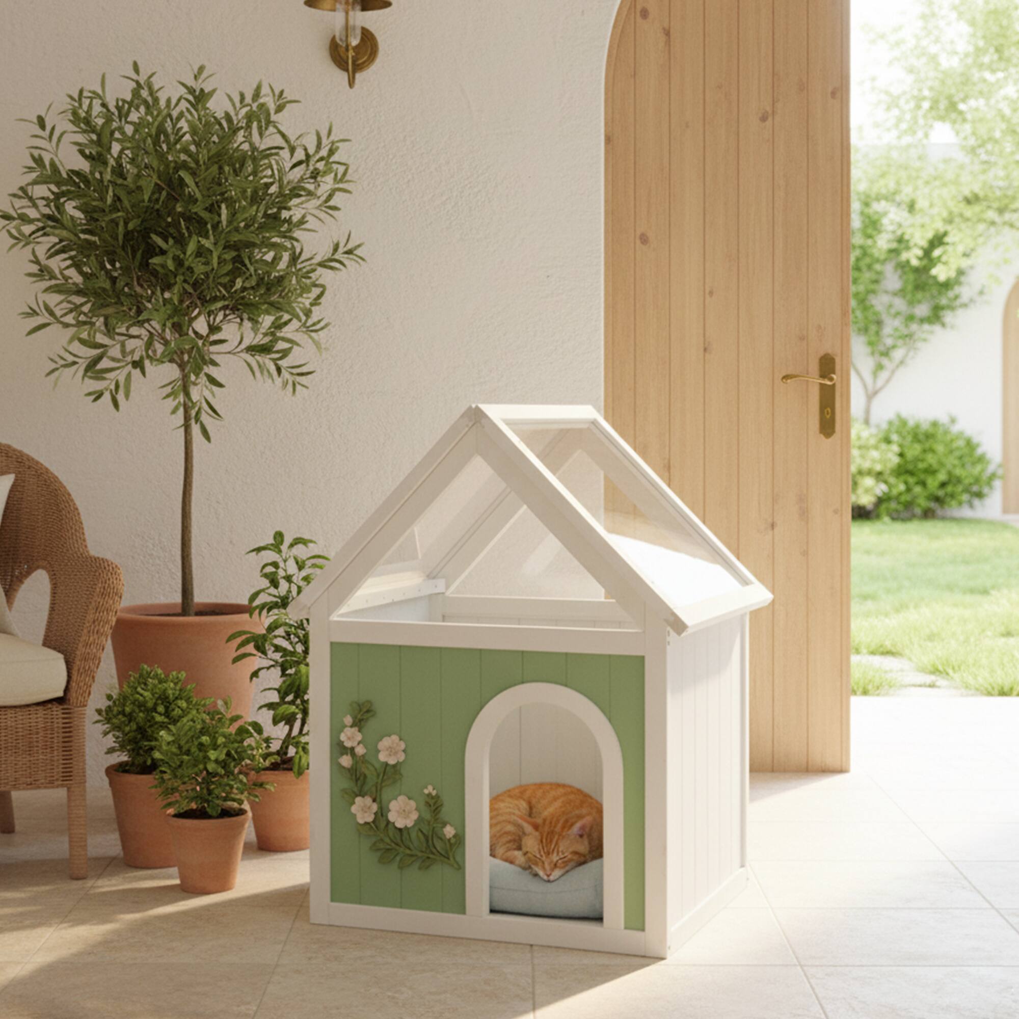 Left. Siljoy - FSC Cedar Wood Pet House with Transparent Acrylic Roof, Floral Carving, Indoor Shelter for Pets.