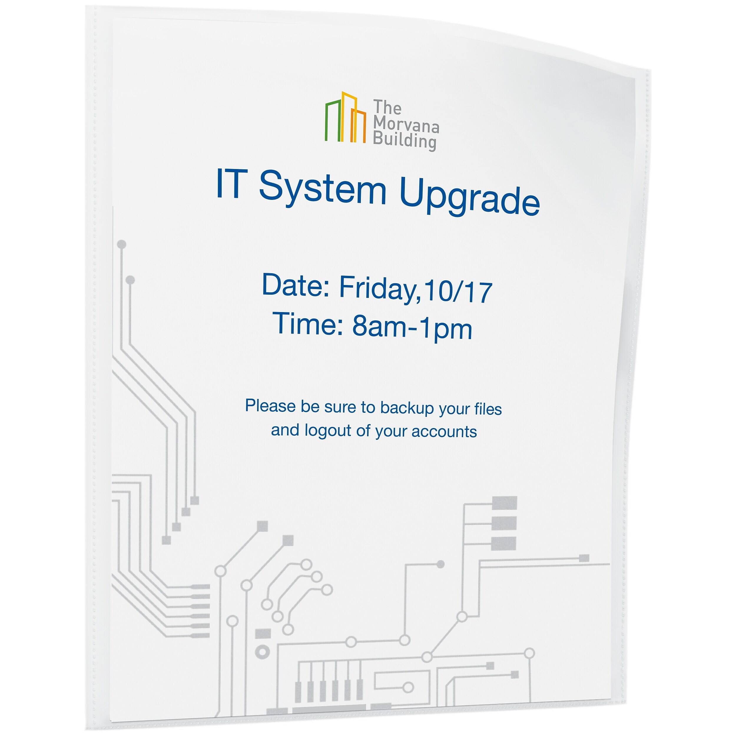 The Morvana Building IT System Upgrade  
Date: Friday, 10/17  
Time: 8am-1pm  

Please be sure to backup your files and logout of your accounts