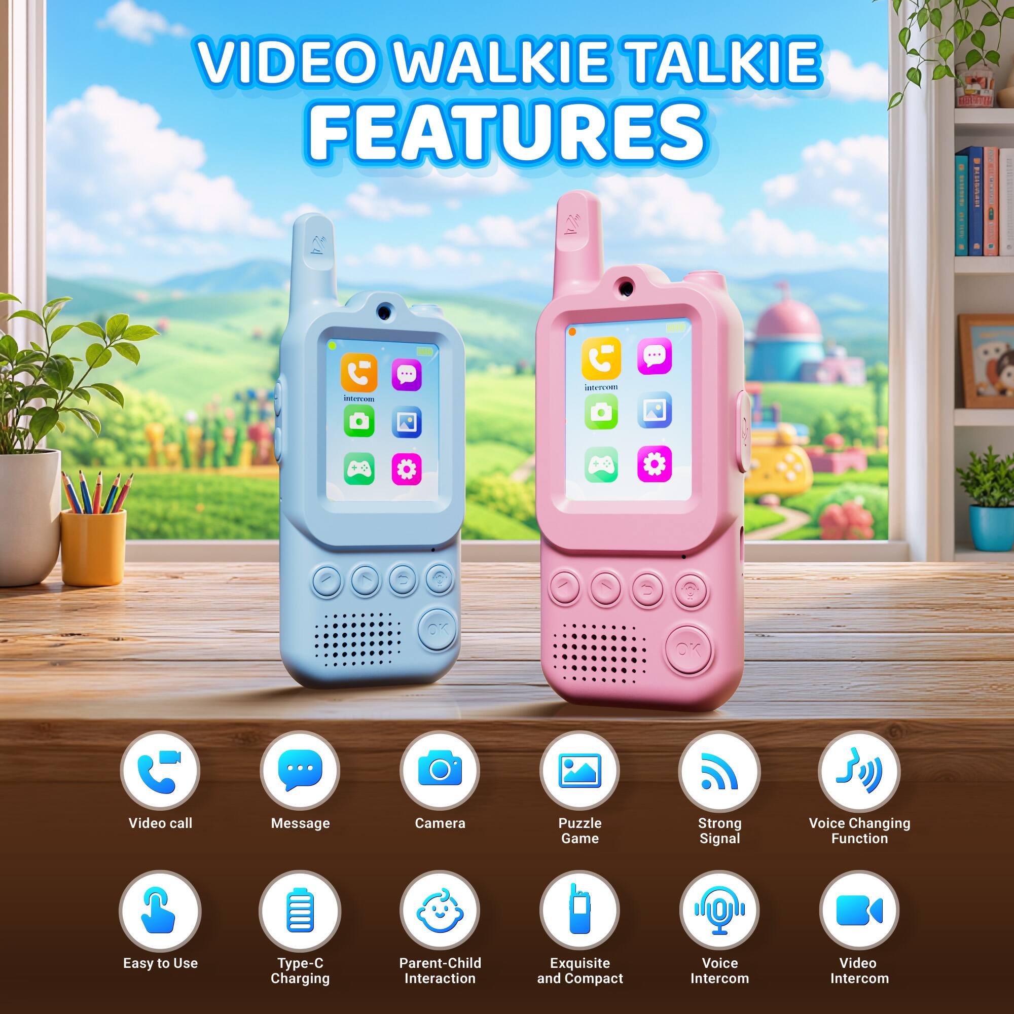 VIDEO WALKIE TALKIE FEATURES

- Video call
- Message
- Camera
- Puzzle Game
- Strong Signal
- Voice Changing Function
- Easy to Use
- Type-C Charging
- Parent-Child Interaction
- Exquisite and Compact
- Voice Intercom
- Video Intercom