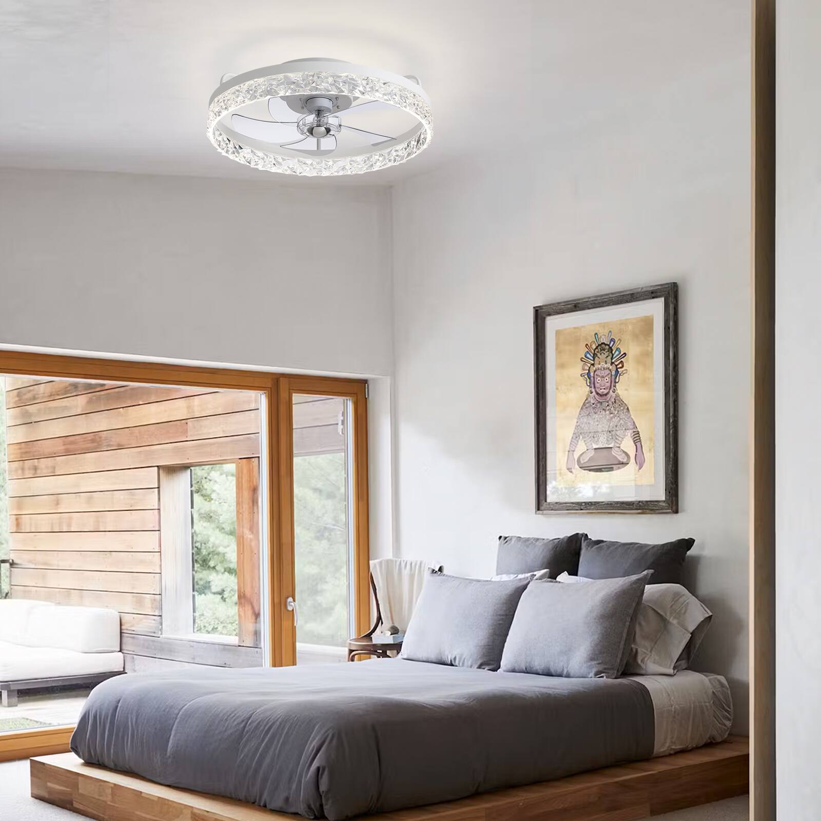 Back. Siljoy - 20-22-inch Luxury Crystal Flush Mount Fan Light Dimmable Quiet for Bedroom and Living Room - White.