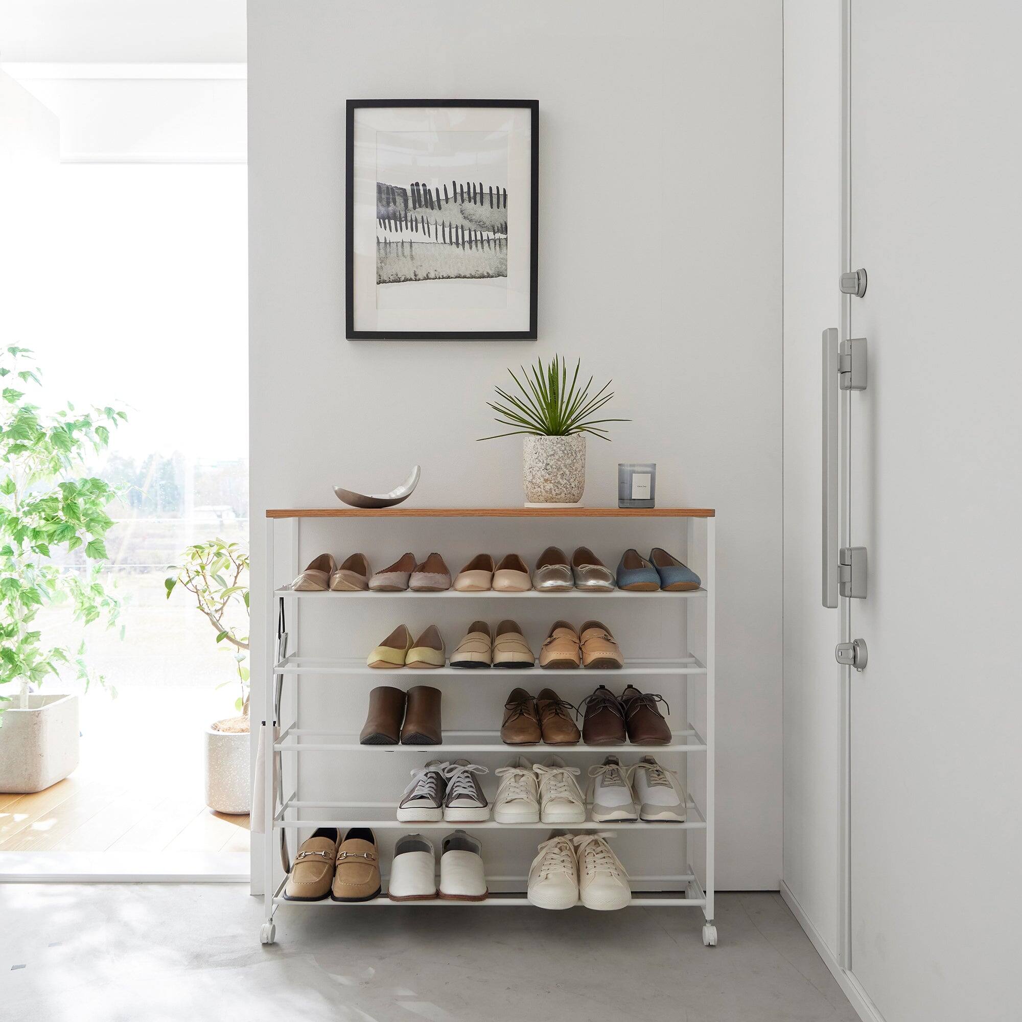 Left. Yamazaki Home - Rolling Five-Tier Shoe Rack (34.25" H)  - Steel + Wood - Black.