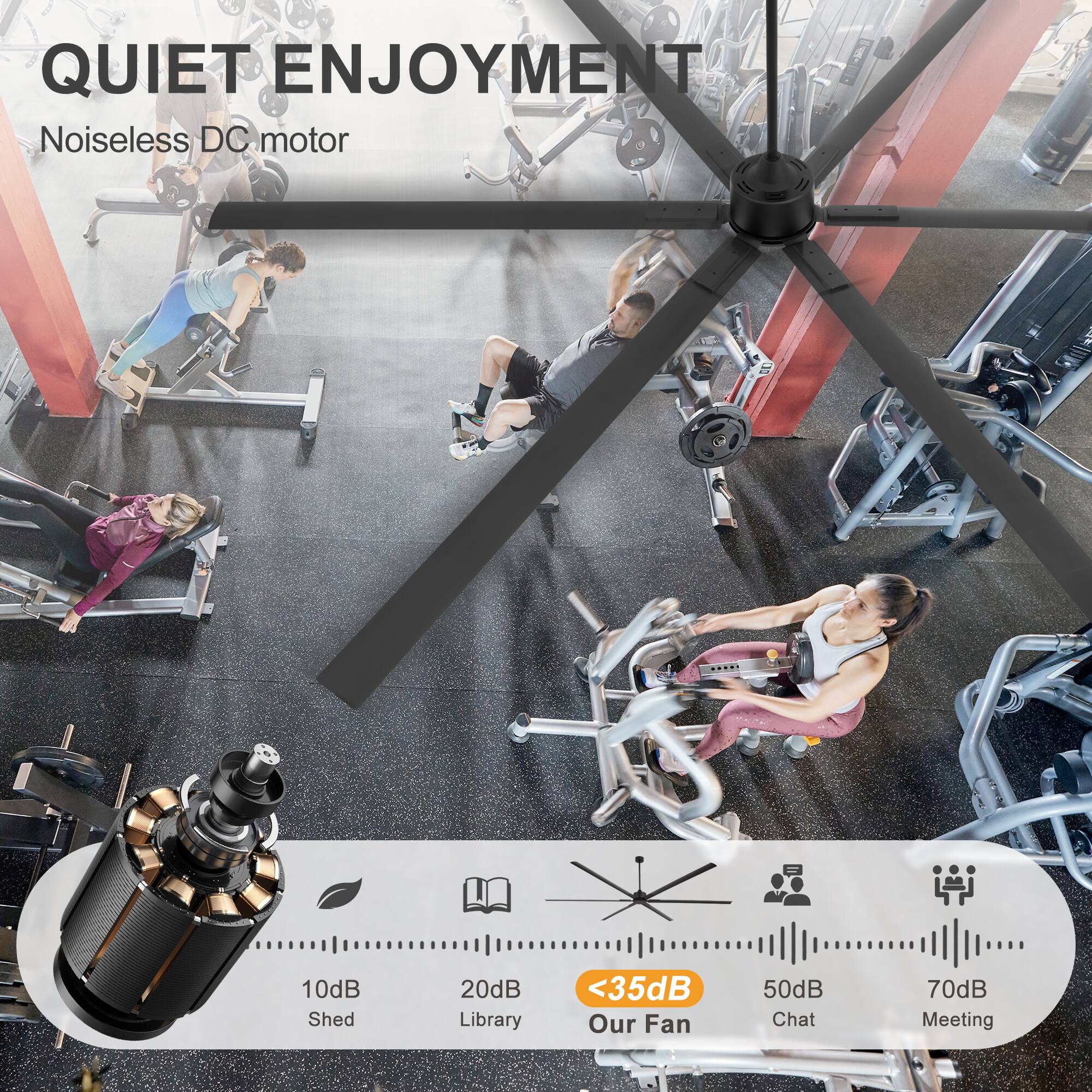 QUIET ENJOYMENT  
Noiseless DC motor  

10dB Shed  
20dB Library  
<35dB Our Fan  
50dB Chat  
70dB Meeting