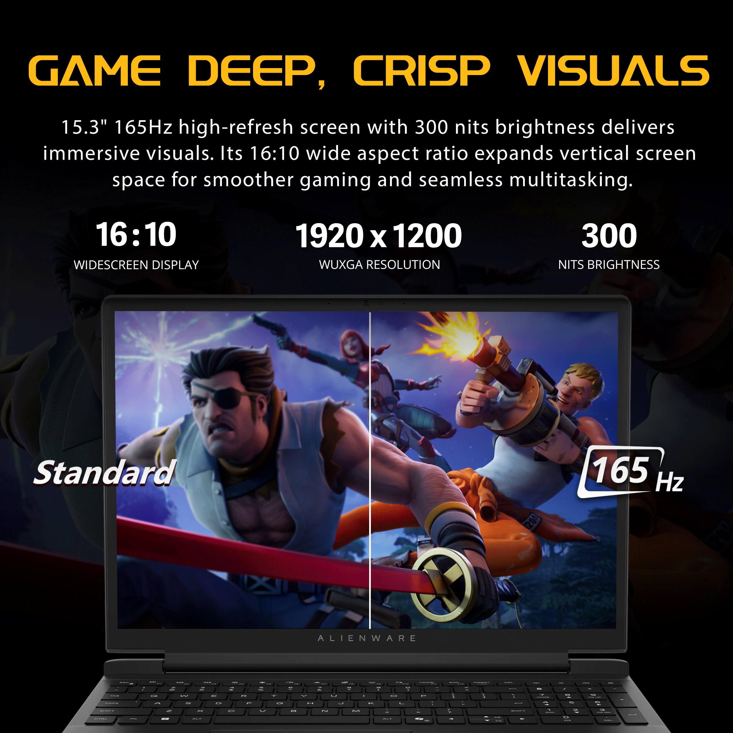 GAME DEEP, CRISP VISUALS

15.3" 165Hz high-refresh screen with 300 nits brightness delivers immersive visuals. Its 16:10 wide aspect ratio expands vertical screen space for smoother gaming and seamless multitasking.

16:10 WIDESCREEN DISPLAY
1920 x 1200 WUXGA RESOLUTION
300 NITS BRIGHTNESS

Standard
165 Hz
ALIENWARE