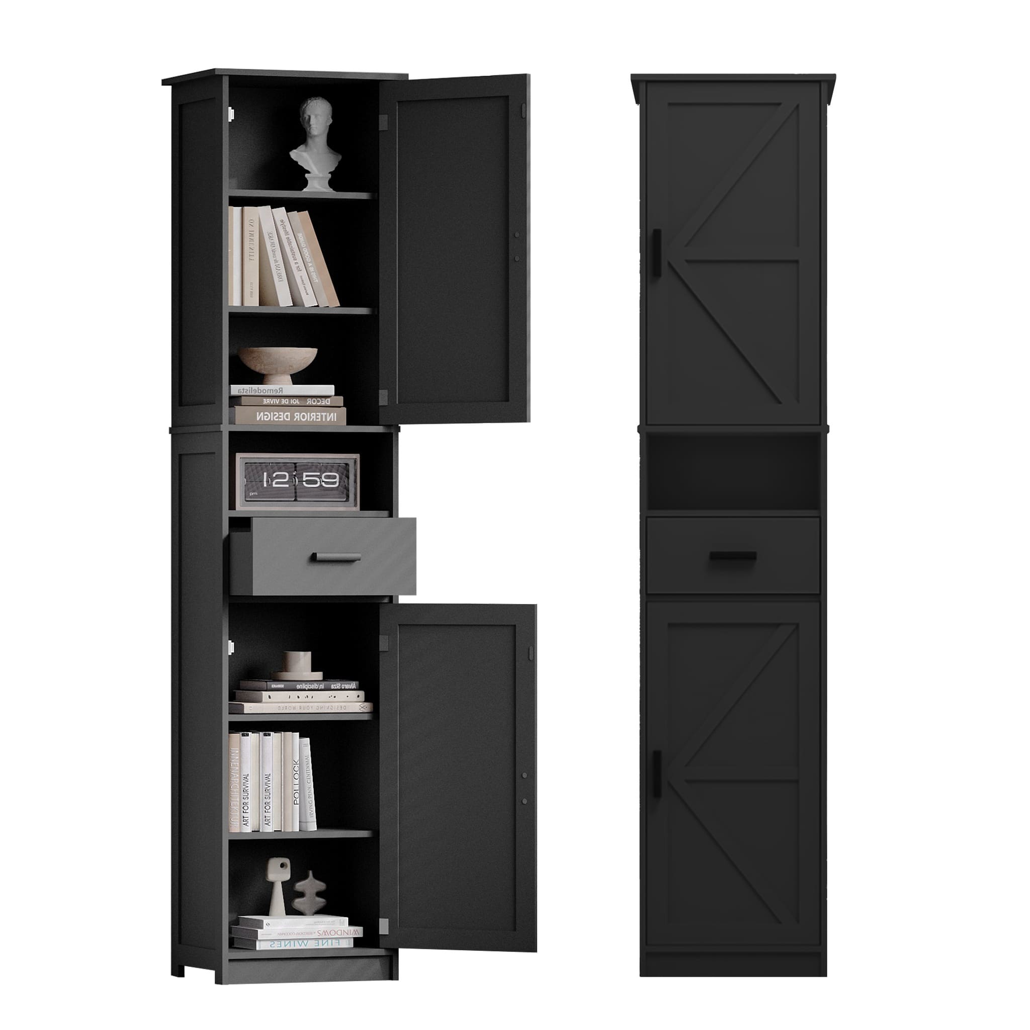 Forest'nSky - 69.29" Storage Cabinet with 2 Barn Doors and 1 Drawer, Narrow Storage Unit, Adjustable Shelves - Black