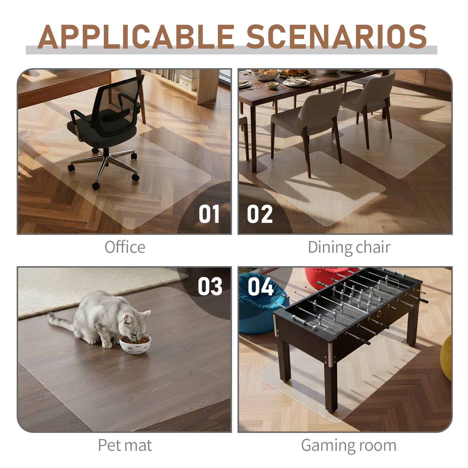 APPLICABLE SCENARIOS

01 Office  
02 Dining chair  
03 Pet mat  
04 Gaming room