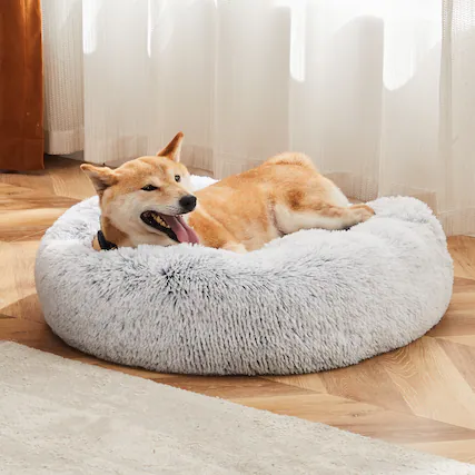 Front. AENKYO - Dog Bed Anti-Slip Round Fluffy Plush Faux Fur Pet Bed, Fits up to 25 lbs Pets - Gray.