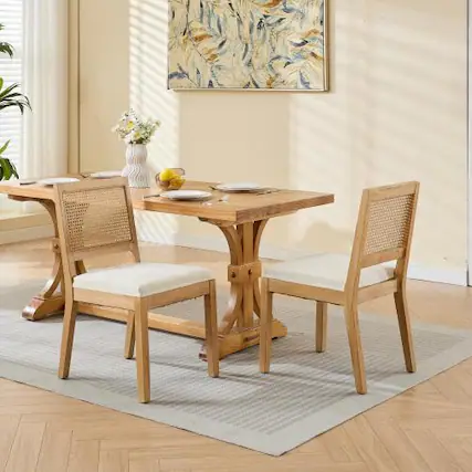 Front. LUCKY ONE - Assembled Rattan Dining Chair Set of 2 with Cane Back Natural Hardwood Frame Farmhouse Style - Beige.