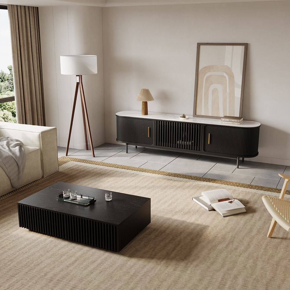 Left. POVISON - 79"Mid-Century Modern Glossy Sintered Stone Tabletop TV Stand ,Black - Black with Sintered Stone.