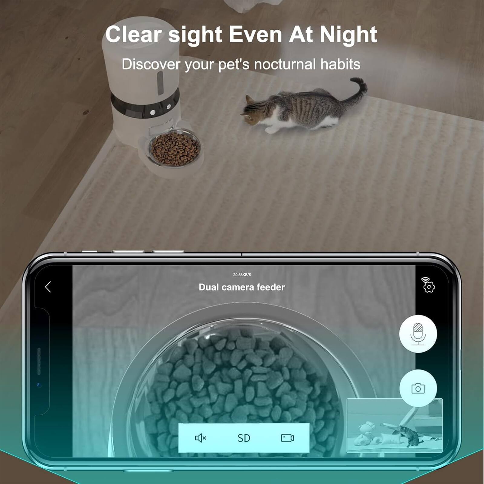 Clear sight Even At Night  
Discover your pet's nocturnal habits  

20.53K Dual camera feeder x x SD