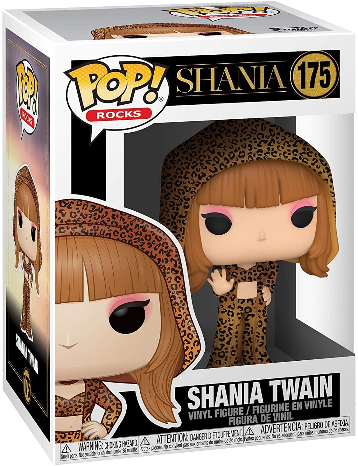 **Front:**
- POP! ROCKS
- SHANIA 175
- SHANIA TWAIN
- VINYL FIGURE / FIGURINE EN VINYLE / FIGURA DE VINIL

**Side:**
- SHANIA TWAIN

**Bottom:**
- WARNING: CHOKING HAZARD. Small parts. Not suitable for children under 36 months.
- ATTENTION: DANGER DE TETOUFFEMENT. Petites pièces. Ne convient pas aux enfants de moins de 36 mois.
- ADVERTENCIA: PELOJO DE ASFIXIA. Piezas pequeñas. No es adecuado para niños menores de 36 meses.