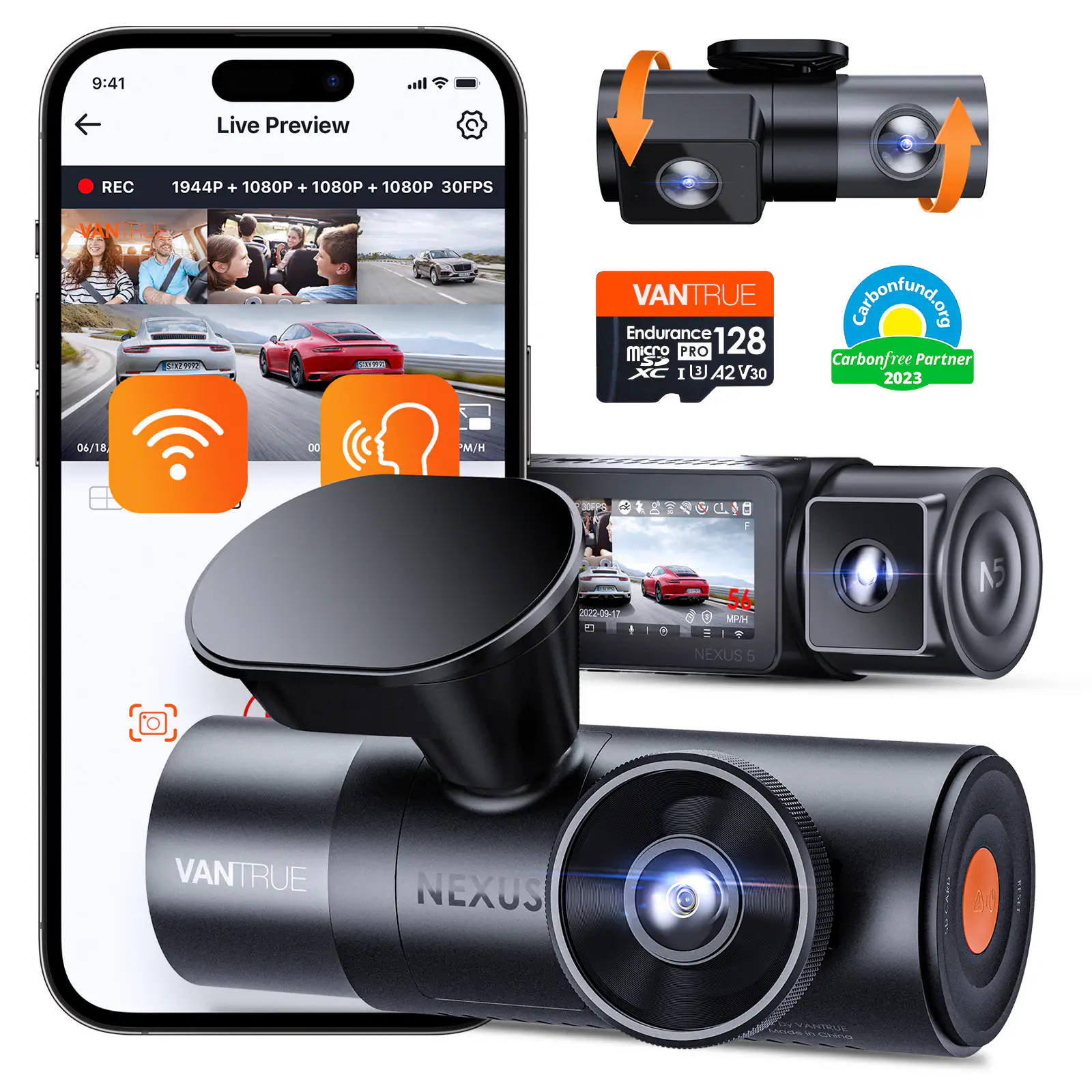 Vantrue - N5 4-Channel Dash Cam w/ 128GB Micro SD Card, All-Around Coverage, Parking Mode, Night Vision, 5GHz Wi-Fi & GPS - Black