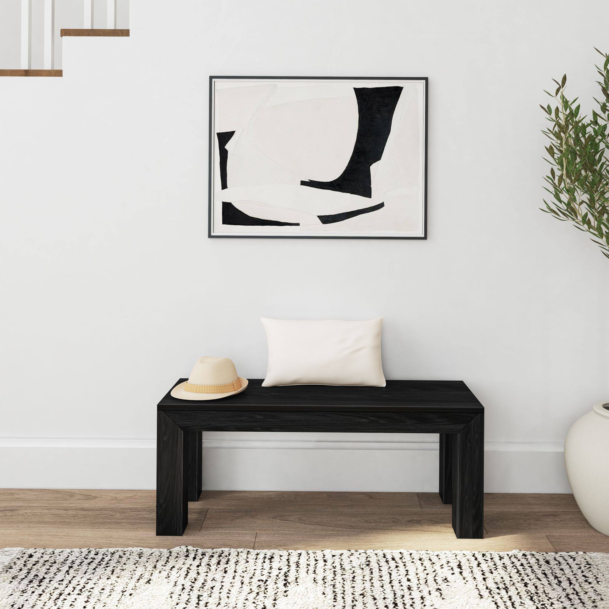 Alt View 4. Plank+Beam - Modern Dining Room Bench (49in / 1244mm), Black Wirebrush - Black Wirebrush.