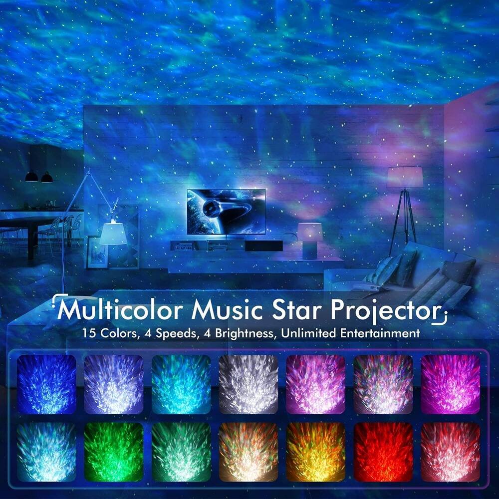 Multicolor Music Star Projector;  
15 Colors, 4 Speeds, 4 Brightness, Unlimited Entertainment