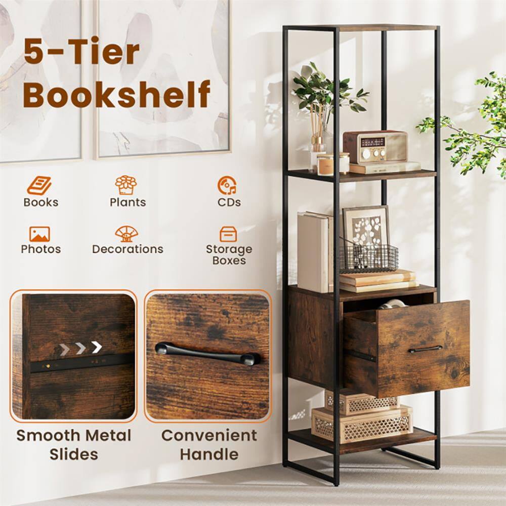 5-Tier Bookshelf

- Books
- Plants
- CDs
- Photos
- Decorations
- Storage Boxes

Smooth Metal Slides
Convenient Handle