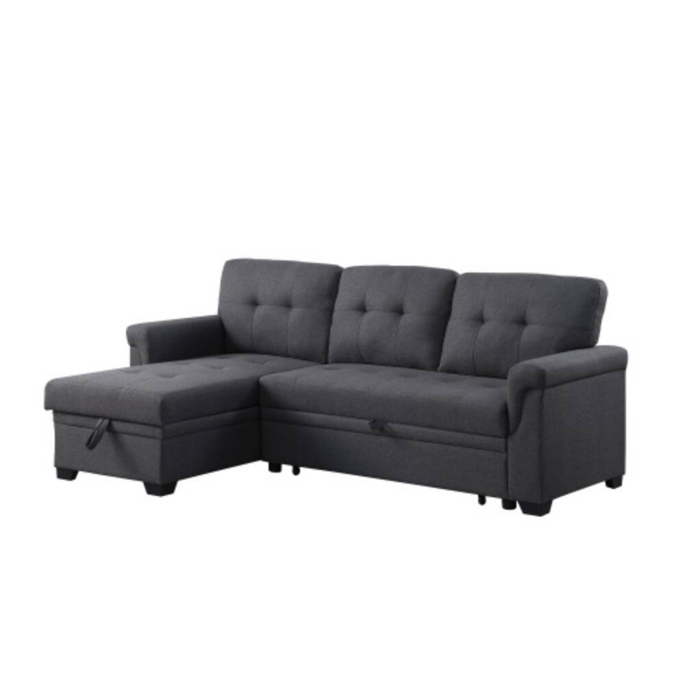 Alt View 2. LUCKY ONE - 84" Dark Gray Linen Reversible Sleeper Sectional Sofa with Storage Chaise, Pull-Out Bed, Space-Saving Design - Dark Gray.