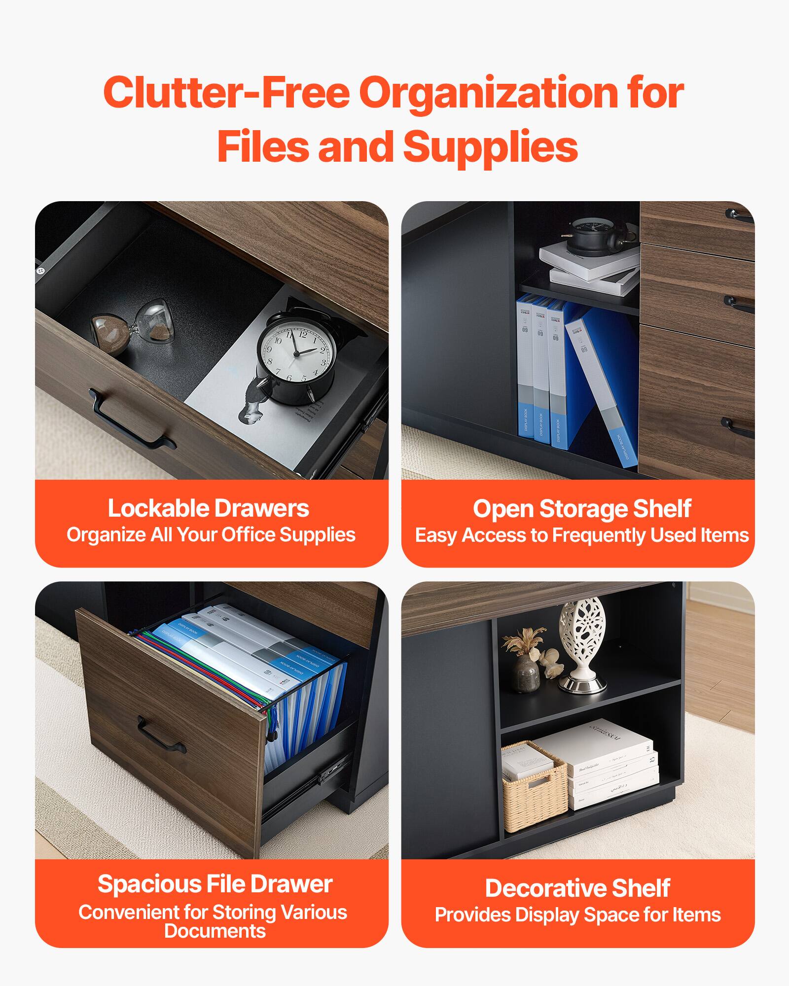 Clutter-Free Organization for Files and Supplies

- Lockable Drawers: Organize All Your Office Supplies
- Open Storage Shelf: Easy Access to Frequently Used Items
- Spacious File Drawer: Convenient for Storing Various Documents
- Decorative Shelf: Provides Display Space for Items