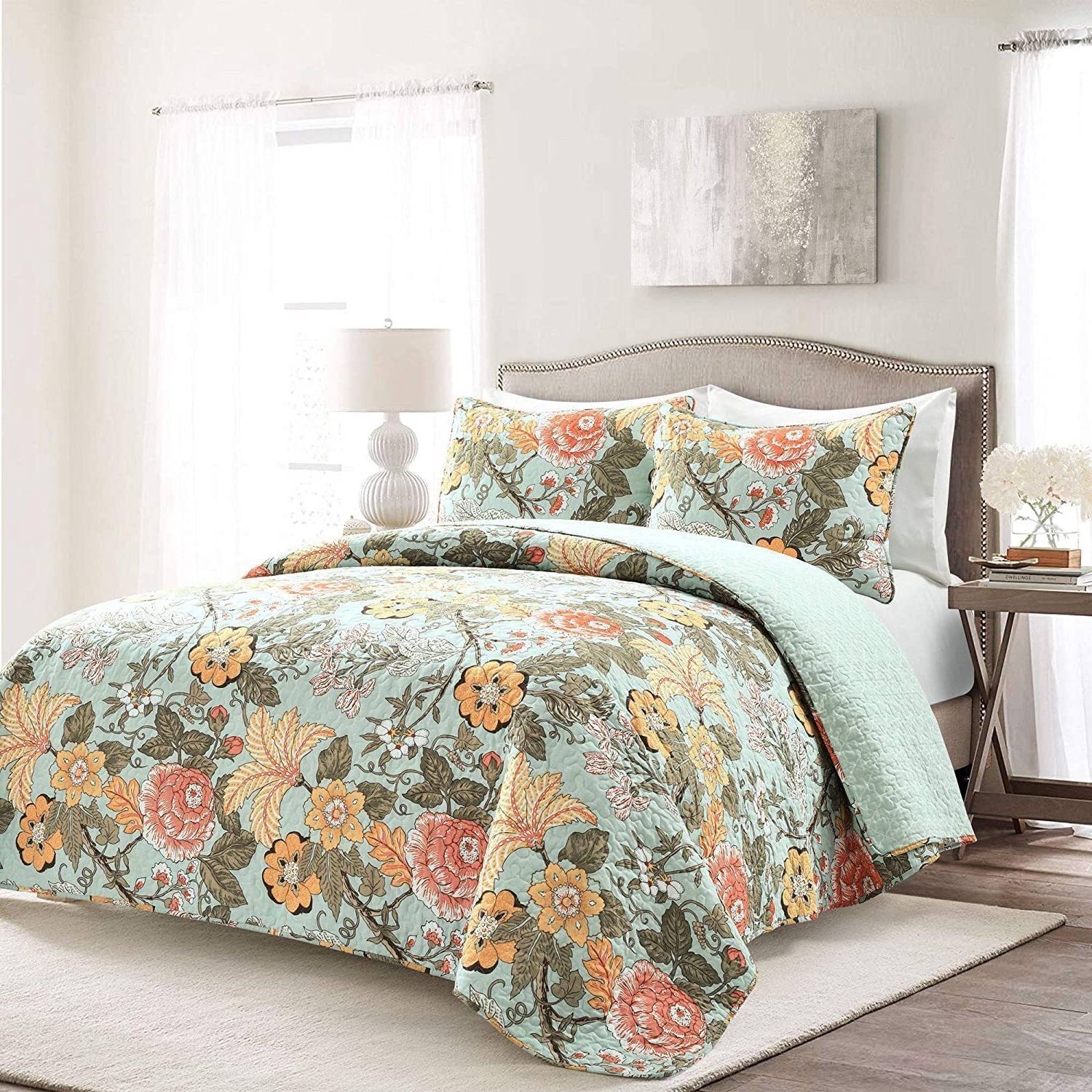 Angle. Hivvago - King size 3 Piece FarmHouse Teal Floral Cotton Reversible Quilt Set - Teal Floral.