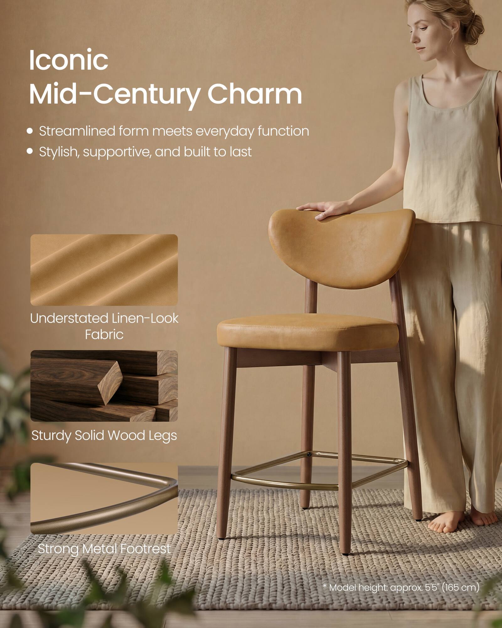 Iconic Mid-Century Charm

- Streamlined form meets everyday function
- Stylish, supportive, and built to last

Understated Linen-Look Fabric

Sturdy Solid Wood Legs

Strong Metal Footrest

Model height approx. 55" (165 cm)