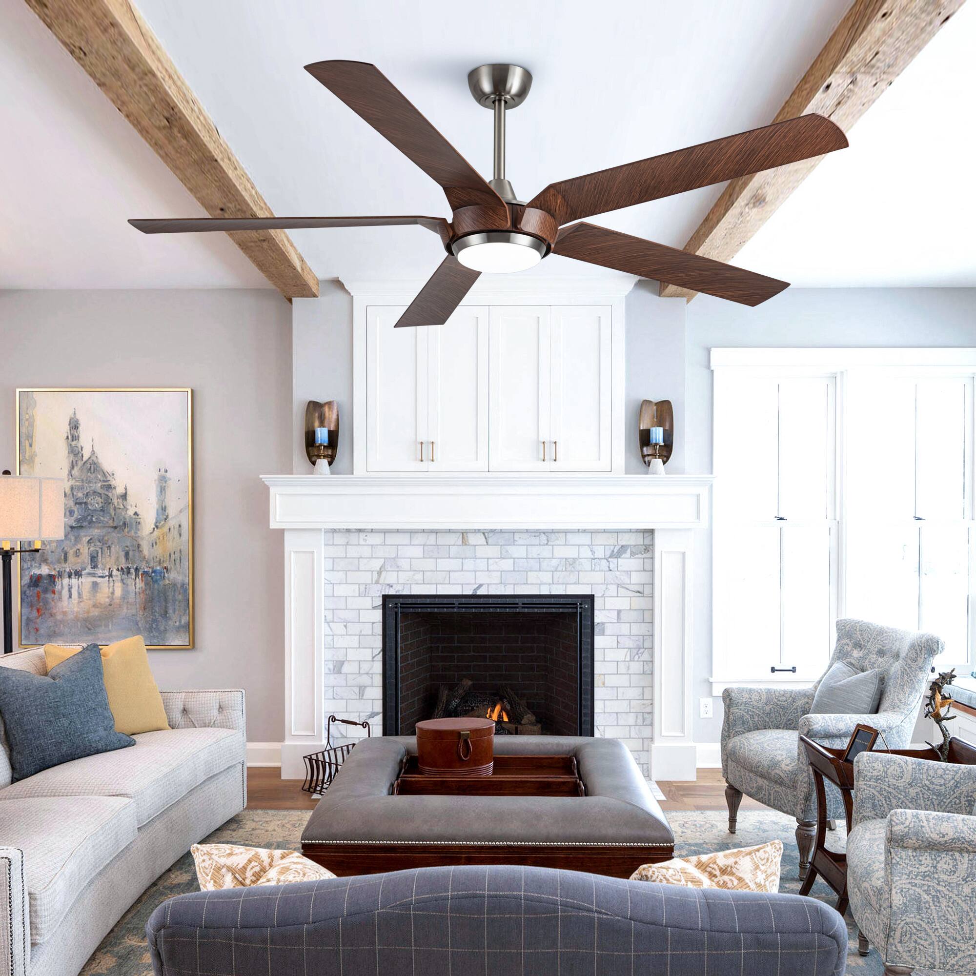 Left. Parrot Uncle - 65" Farmhouse Ceiling Fan with LED Light and Remote - Brushed Nickel.