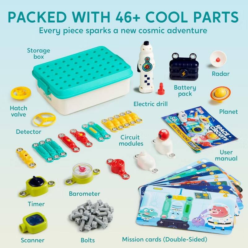 PACKED WITH 46+ COOL PARTS  
Every piece sparks a new cosmic adventure  

- Storage box  
- Hatch valve  
- Detector  
- Radar  
- Battery pack  
- Electric drill  
- Circuit modules  
- Planet  
- Barometer  
- Timer  
- Scanner  
- Bolts  
- Mission cards (Double-Sided)  
- User manual
