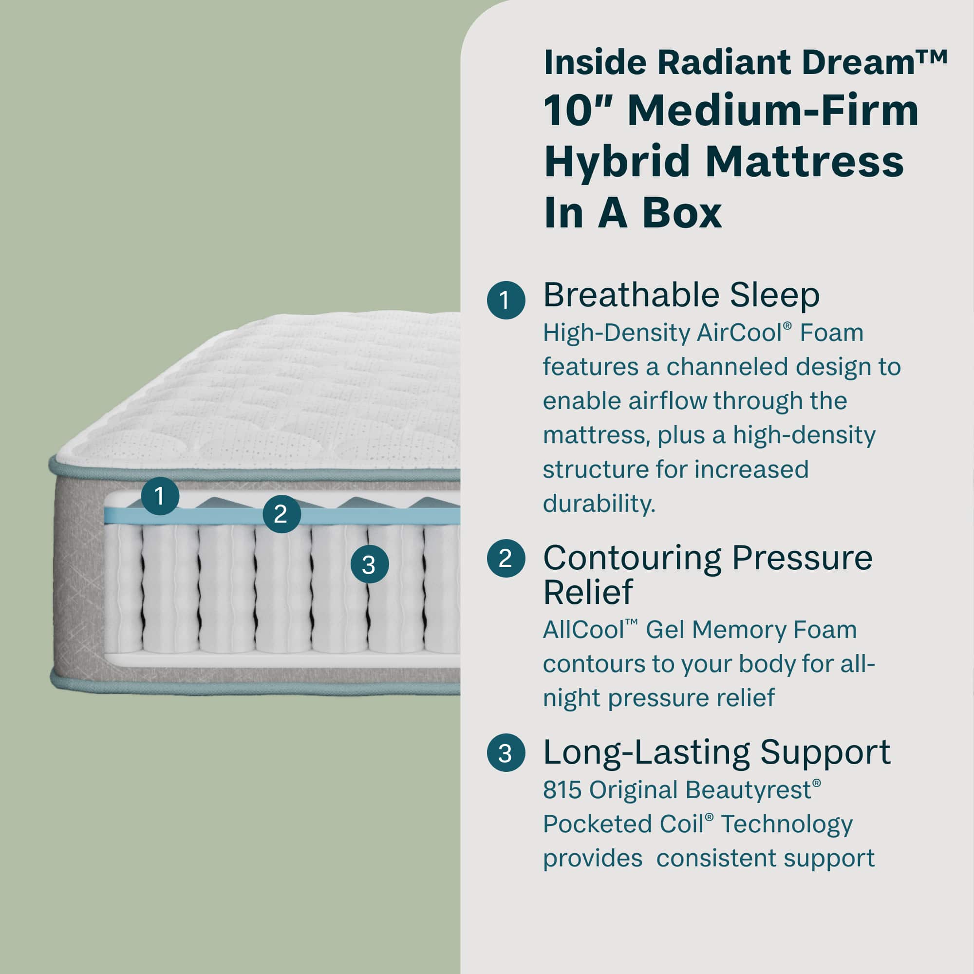 Inside Radiant DreamM 10" Medium-Firm Hybrid Mattress In A Box:
1. Breathable Sleep: High-Density AirCool Foam features a channeled design to enable airflow through the mattress, plus a high-density structure for increased durability.
2. Contouring Pressure Relief: AllCool Gel Memory Foam contours to your body for all-night pressure relief.
3. Long-Lasting Support: 815 Original Beautyrest Pocketed Coil Technology provides consistent support.