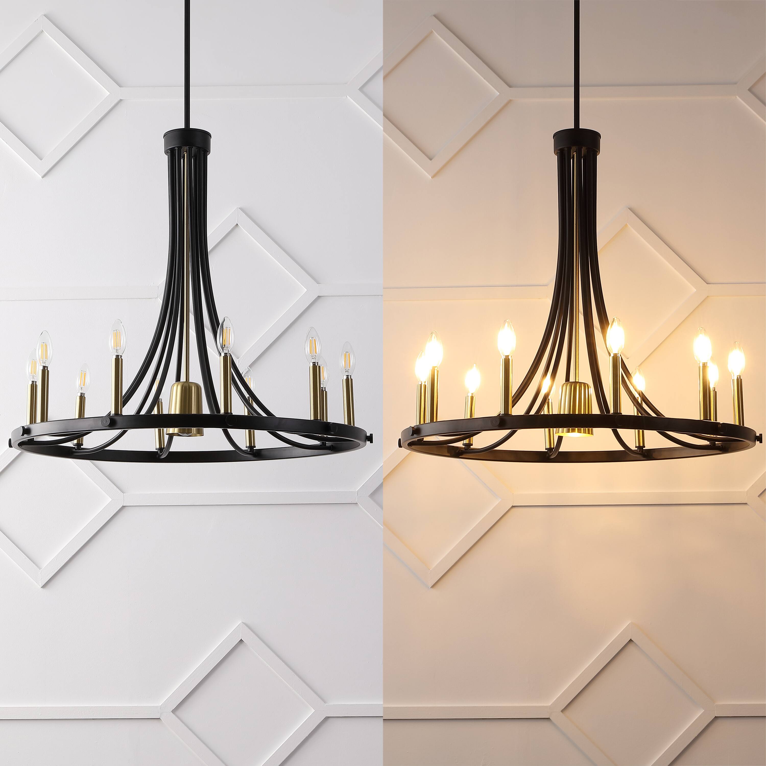 Alt View 4. Jonathan Y - Dante 30" 11-Light Transitional Iron Adjustable Wagon Wheel LED Chandelier with Downlight, Black/Brass Gold - Black/Brass Gold.