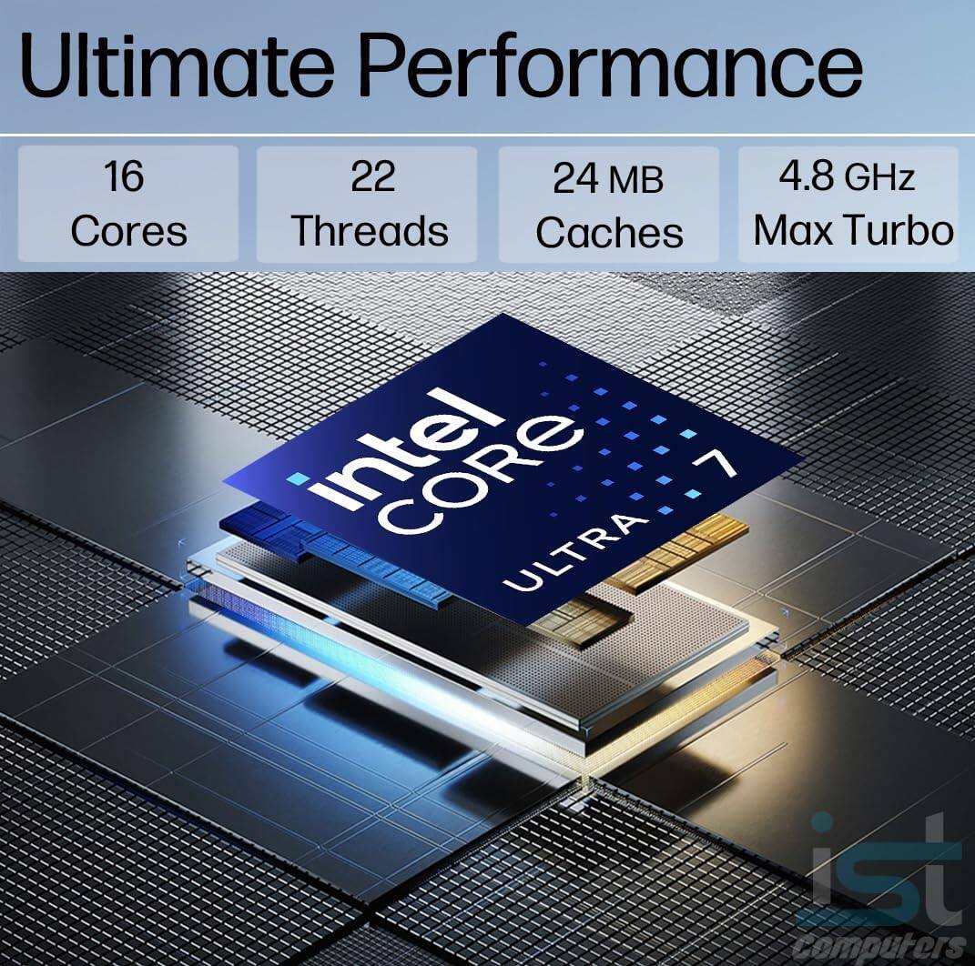 Ultimate Performance

16 Cores  
22 Threads  
24 MB Caches  
4.8 GHz Max Turbo

Intel Core i7 ULTRA

ist computers