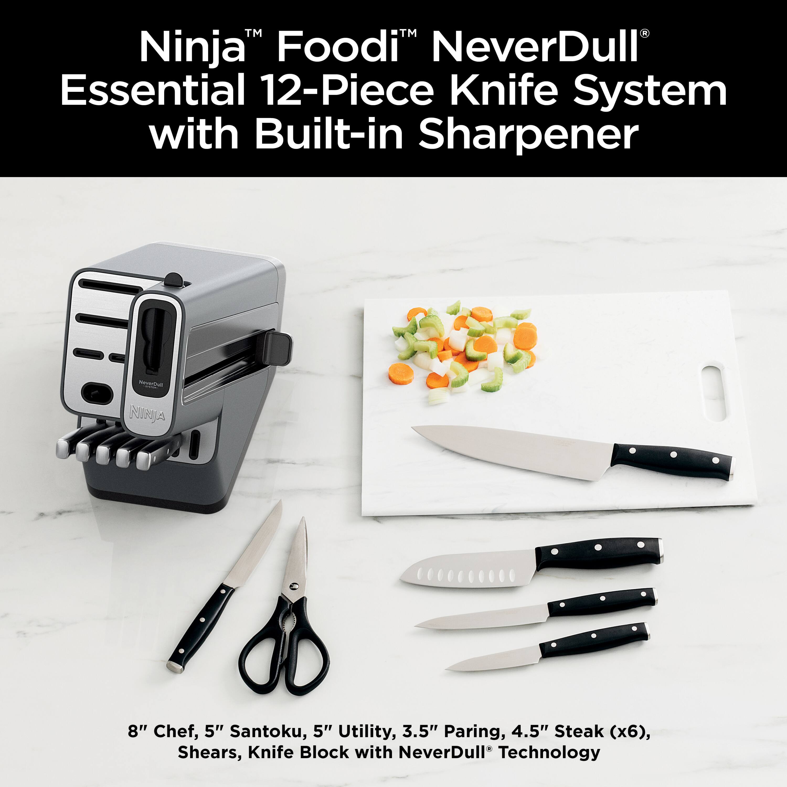 Ninja™ Foodi™ NeverDull® Essential 12-Piece Knife System with Built-in Sharpener

8" Chef, 5" Santoku, 5" Utility, 3.5" Paring, 4.5" Steak (x6), Shears, Knife Block with NeverDull® Technology