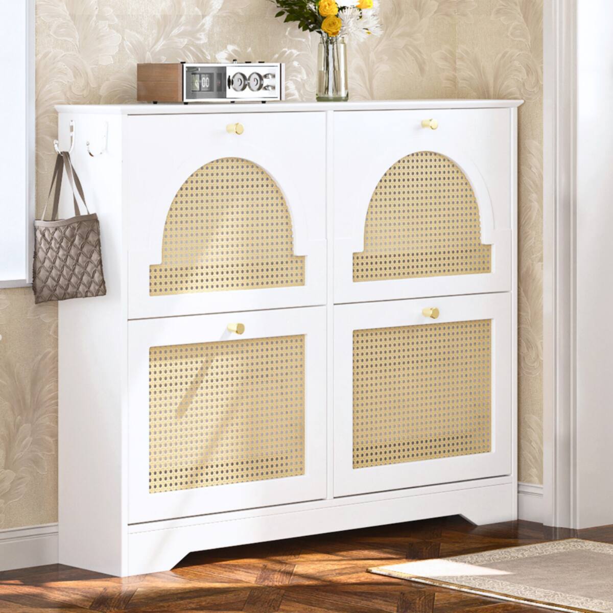 Angle. HTUTWOO - Shoe Cabinet with 4 Rattan Doors & Anti-Tip Design - Entryway Freestanding Shoe Storage for Hallway, Living Room - White.