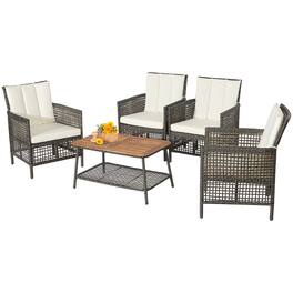 Costway - 5PCS Patio Rattan Furniture Set Cushioned Sofa Armrest Wooden Tabletop - Mix Black,Brown,Off White