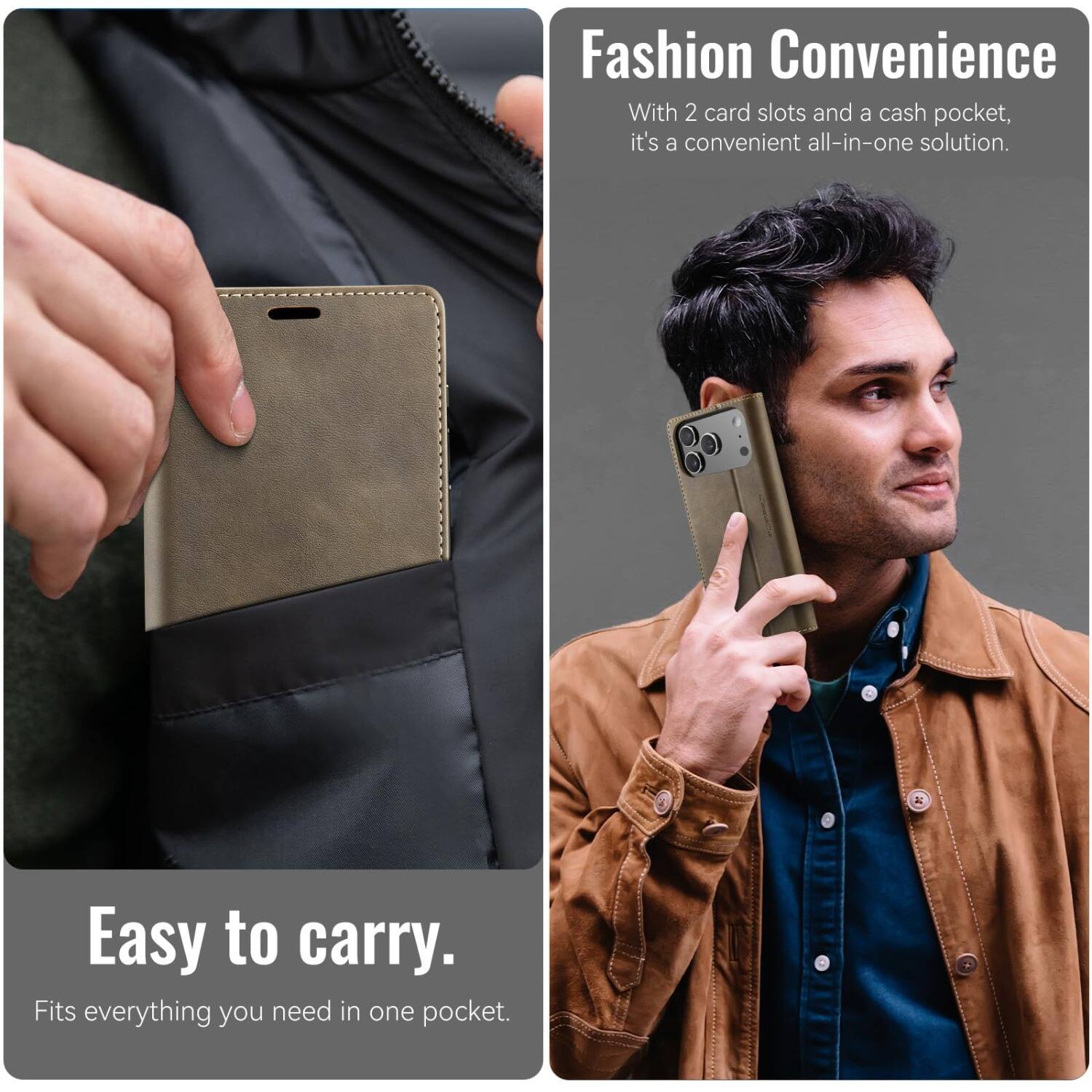 Fashion Convenience

With 2 card slots and a cash pocket, it's a convenient all-in-one solution.

Easy to carry.

Fits everything you need in one pocket.