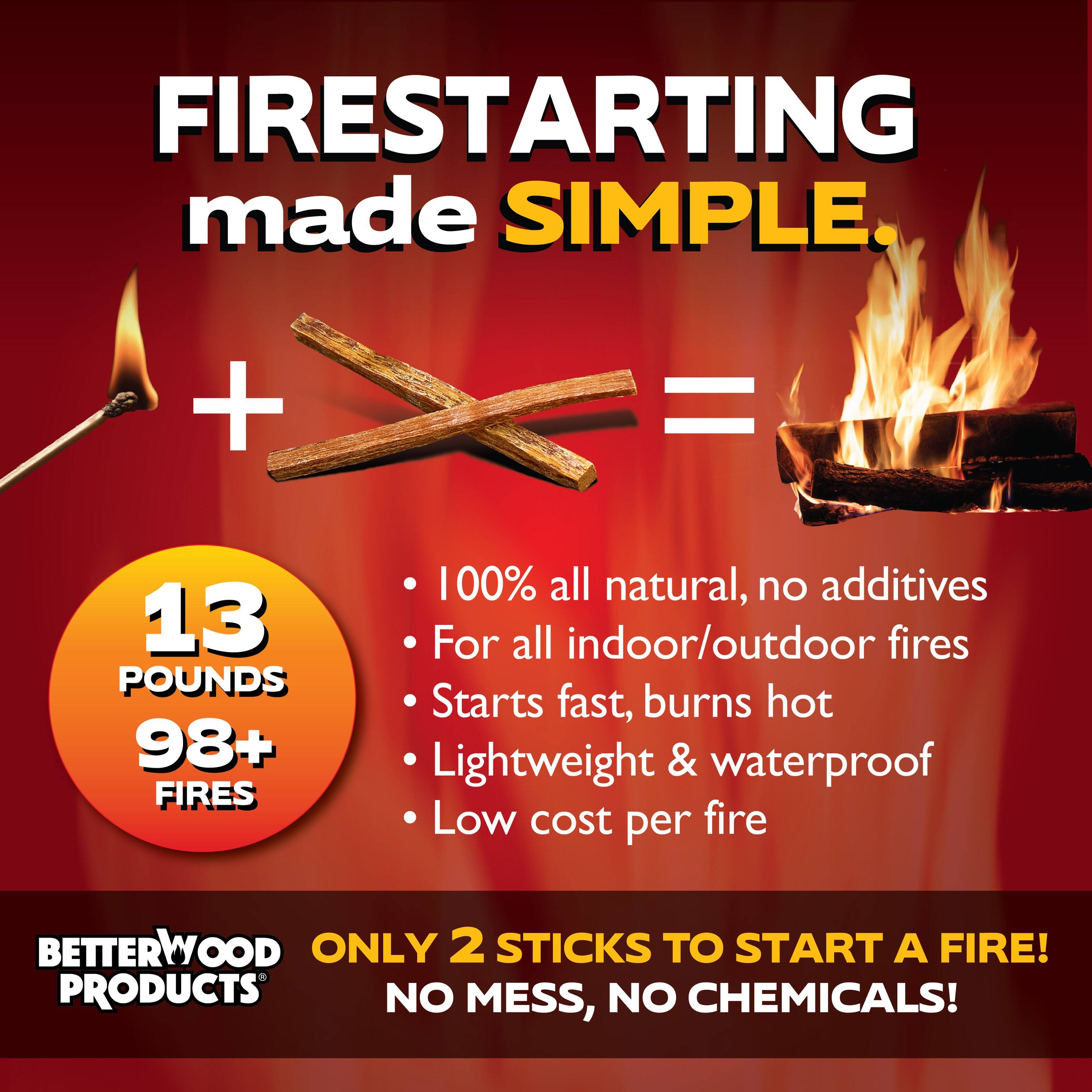 FIRESTARTING made SIMPLE.  
+ = 13 POUNDS  
98+ FIRES  
100% all natural, no additives  
For all indoor/outdoor fires  
Starts fast, burns hot  
Lightweight & waterproof  
Low cost per fire  

BETTERWOOD PRODUCTS  
ONLY 2 STICKS TO START A FIRE!  
NO MESS, NO CHEMICALS!