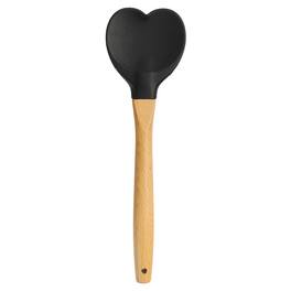 Unique Bargains - 1pc Silicone Spatula w/ Wood Handle, Heart-Shaped Heat-Resistant Non-Stick Cake Scraper for Baking - Black