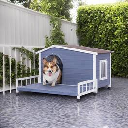 Pefilos - 46" Weatherproof Wood Dog Houses with Terrace and An Open Roof, Outdoor Large Pet Cat House, Windows and Door Curtains
