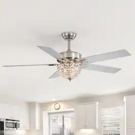 Breezary - 52'' Indoor Ceiling Fan with Crystal-Bead Bowl Light, 5 Reversible Blades, Timer, DC Motor, Remote & 6″ Downrod - Satin Nickel