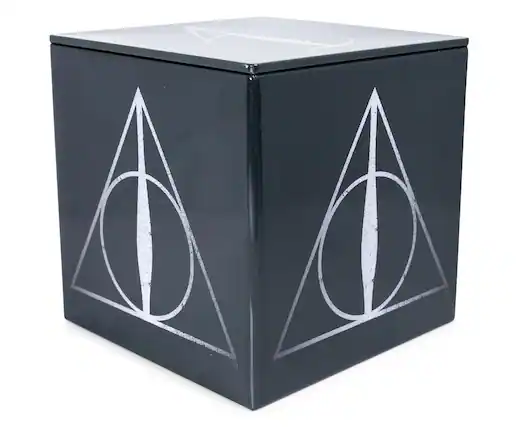 Front. Ukonic - Harry Potter Deathly Hallows Tin Storage Box Cube Organizer with Lid | 4 Inches - Black.