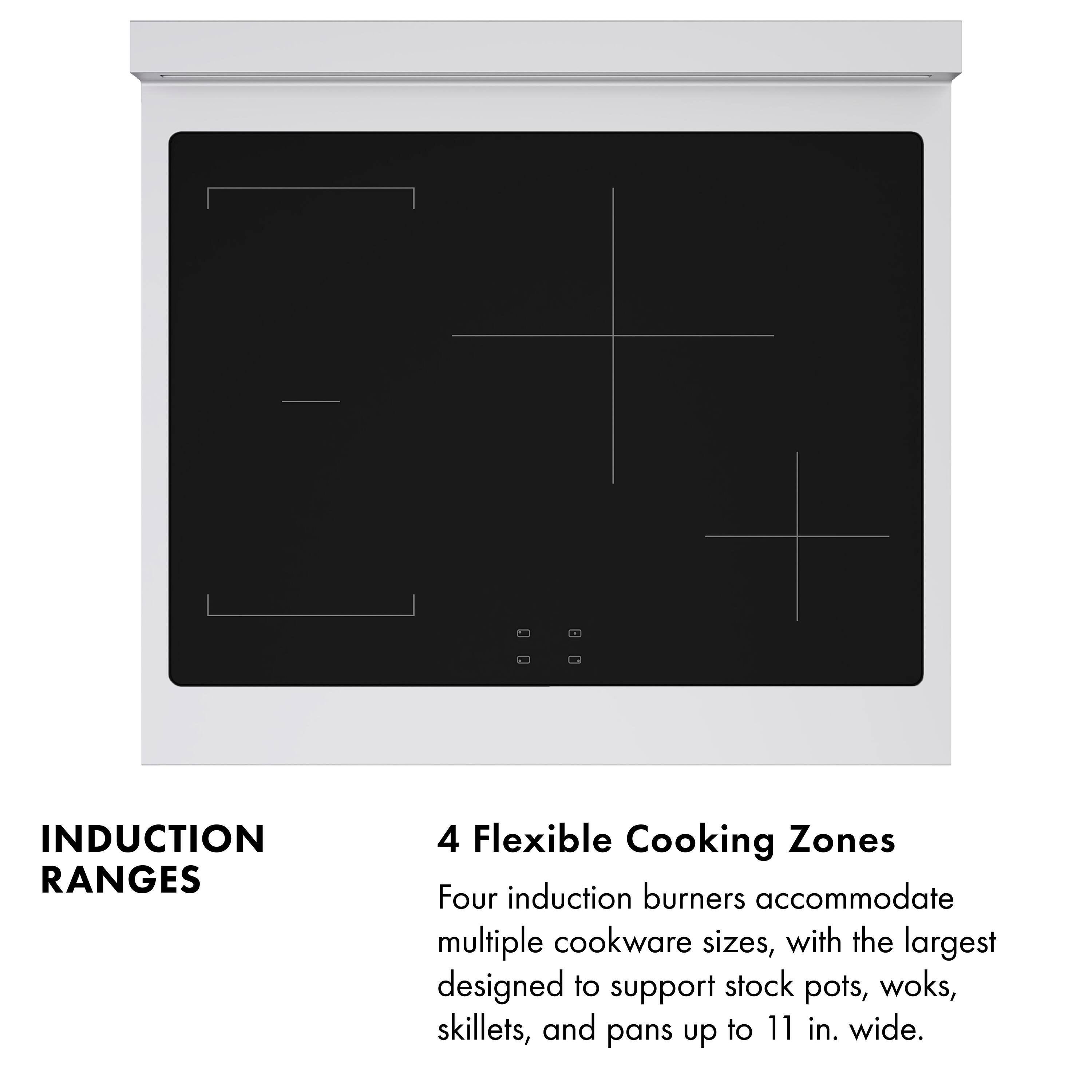 INDUCTION RANGES

4 Flexible Cooking Zones

Four induction burners accommodate multiple cookware sizes, with the largest designed to support stock pots, woks, skillets, and pans up to 11 in. wide.