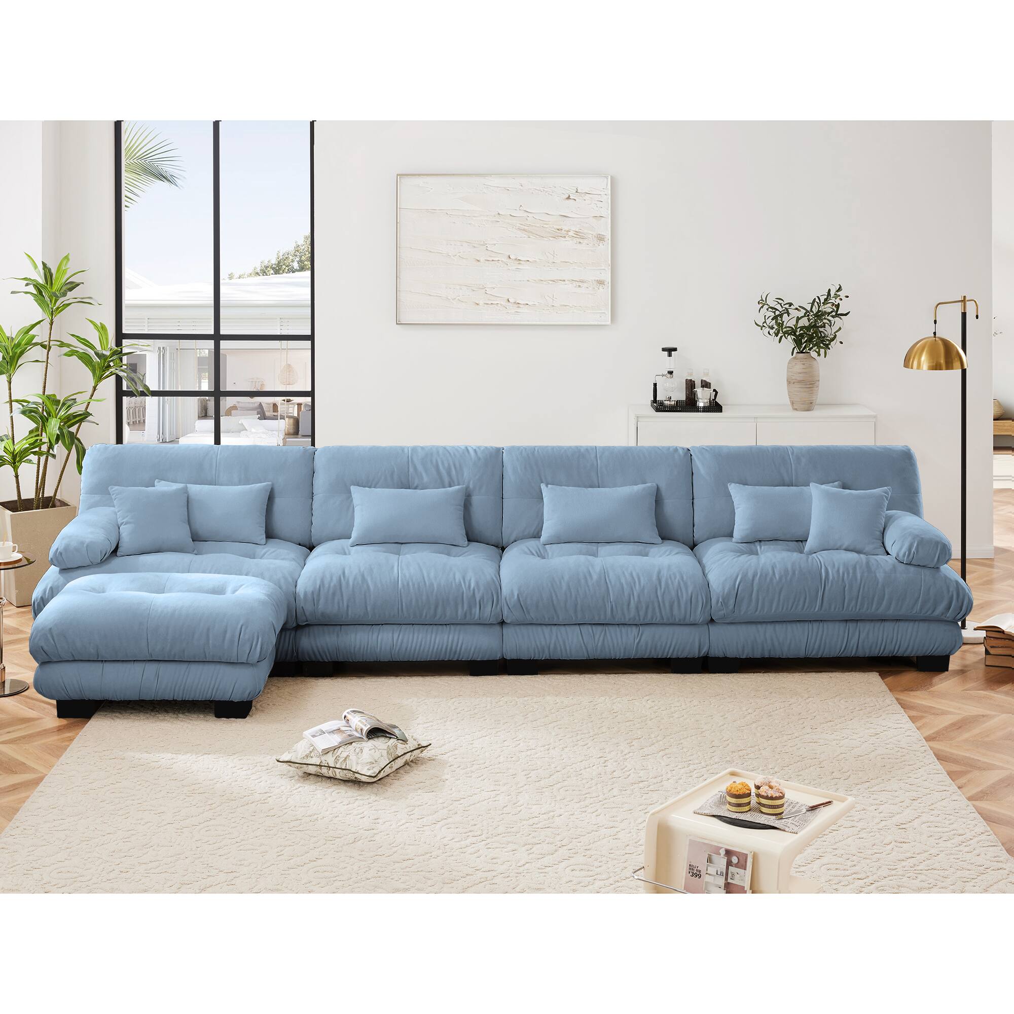 Left. DOMETOUR - Modular Sectional Sofa,L Shaped Couch for Living Room, 4-Seater Comfy Cloud Couch with Convertible Ottoman - Chenille Blue.