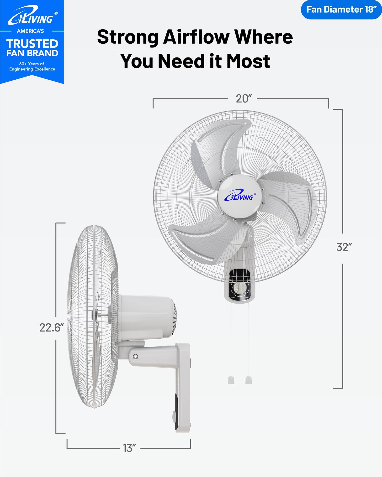 CiLIVING  
AMERICA'S TRUSTED FAN BRAND  
60+ Years of Engineering Excellence  

Fan Diameter 18"  
Strong Airflow Where You Need it Most  

20"  
32"  
22.6"  
13"