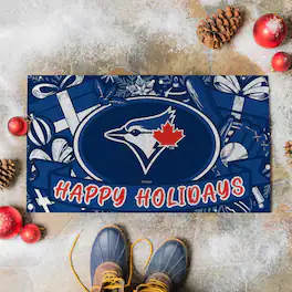 Evergreen Enterprises - Toronto Blue Jays 28" x 16" Happy Holidays Christmas Turf Door Mat - Multicolor