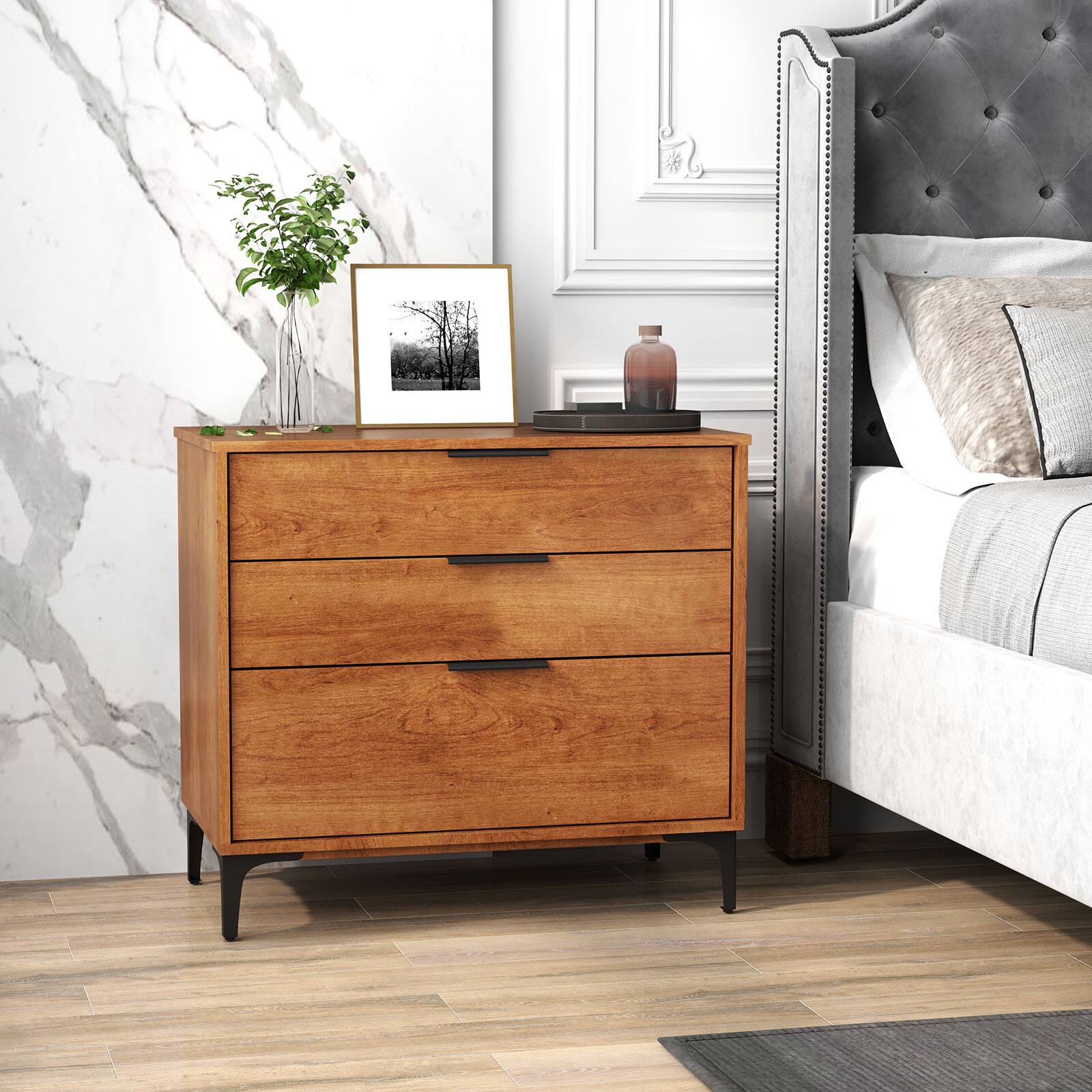 Alt View 3. Gymax - Gymax 2PCS 3-Drawer Dresser w/ Metal Support Legs & Anti-tipping Kit for Bedroom Cherry - Cherry.