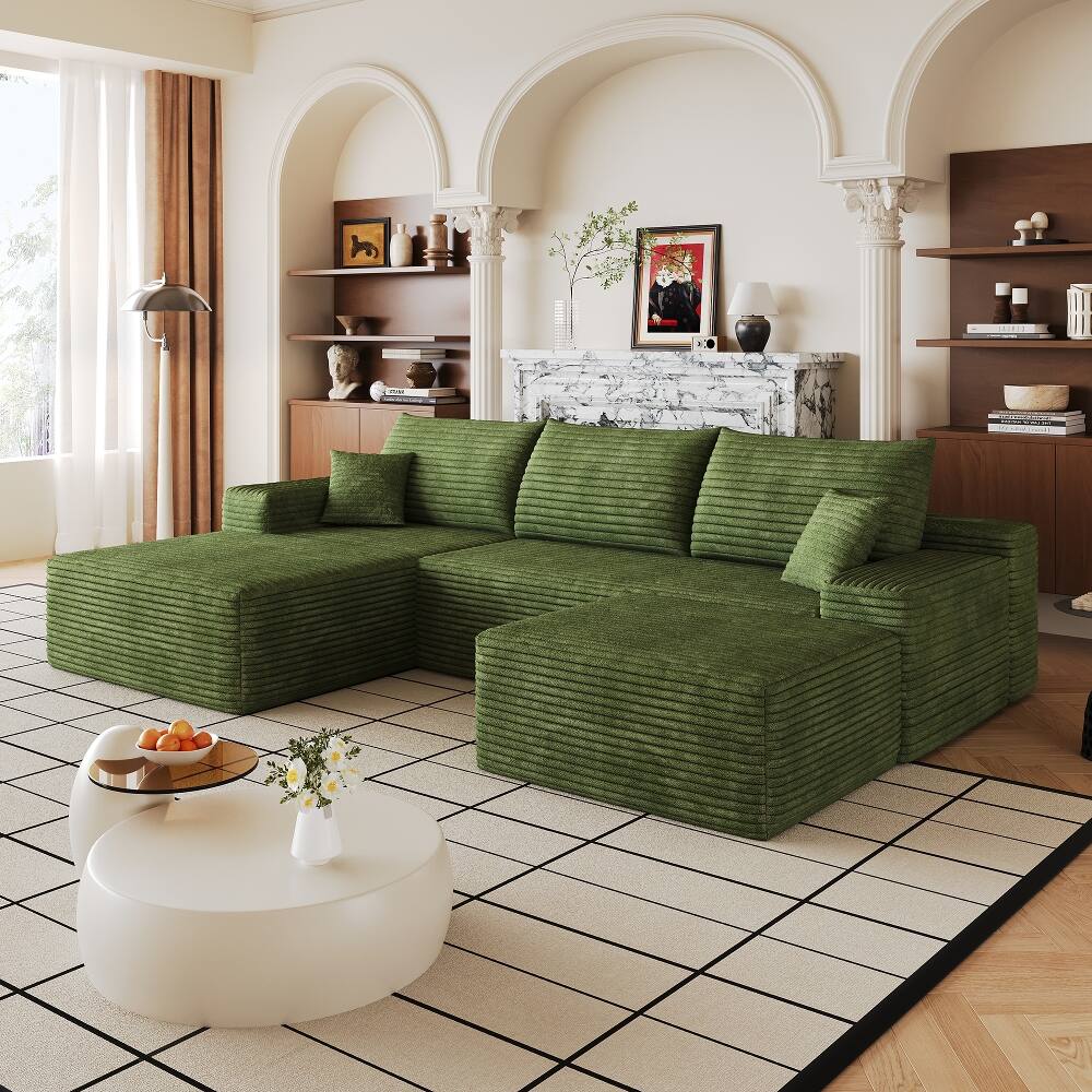 Angle. Loheer - Loheer 107-Inch Green Corduroy Cloud Sectional Sofa with Ottoman, U-Shaped Deep Seat Modular Couch - Green.