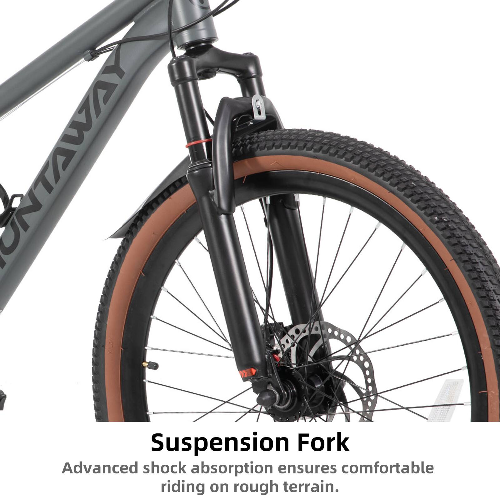 Suspension Fork  
Advanced shock absorption ensures comfortable riding on rough terrain.