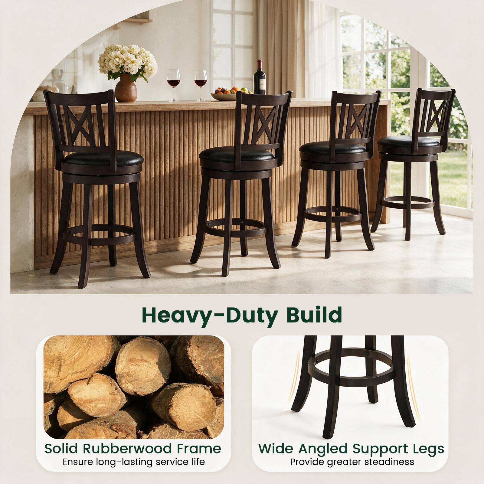 Heavy-Duty Build

Solid Rubberwood Frame
Ensure long-lasting service life

Wide Angled Support Legs
Provide greater steadiness