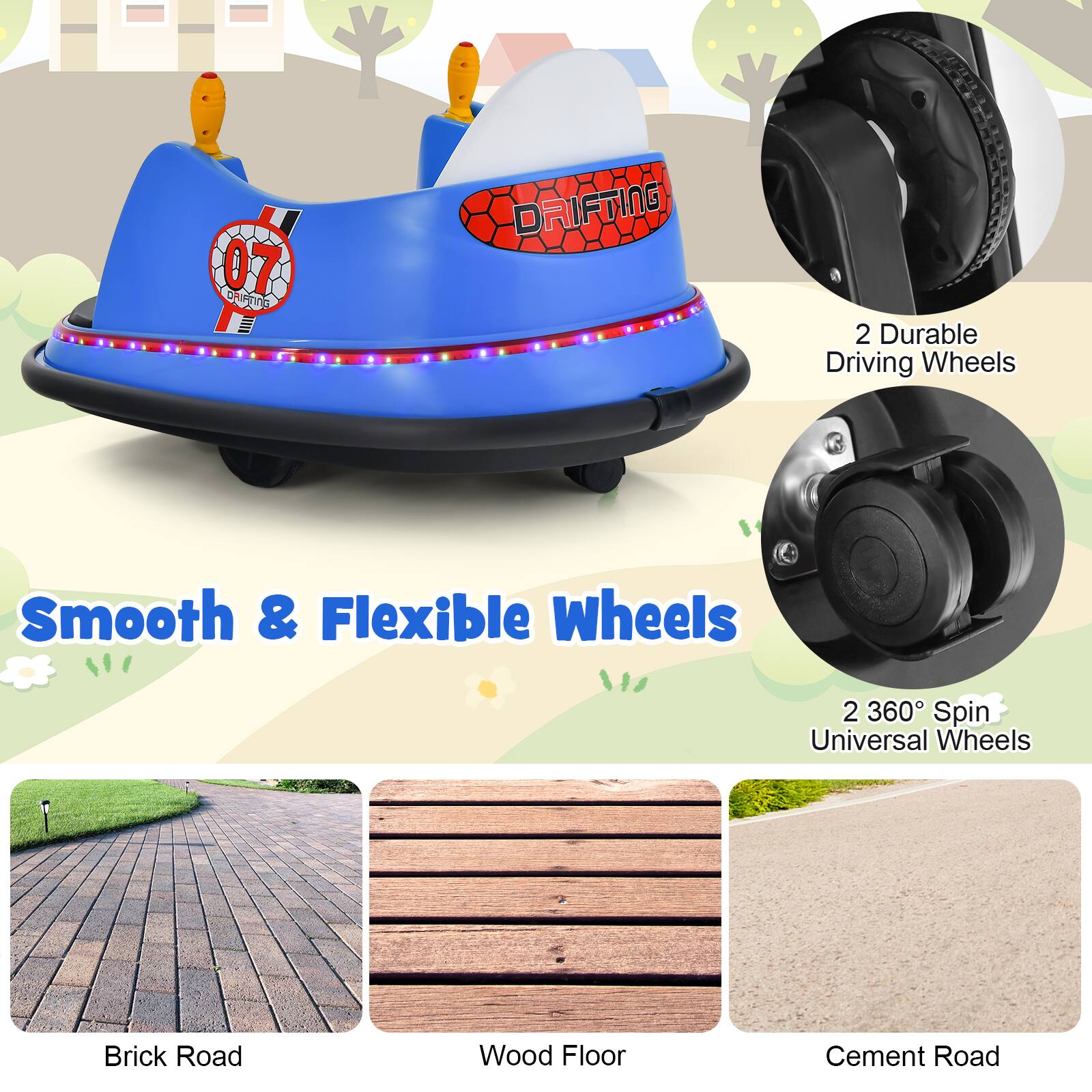 07 DRIFTING

Smooth & Flexible Wheels

2 Durable Driving Wheels

2 360° Spin Universal Wheels

Brick Road

Wood Floor

Cement Road