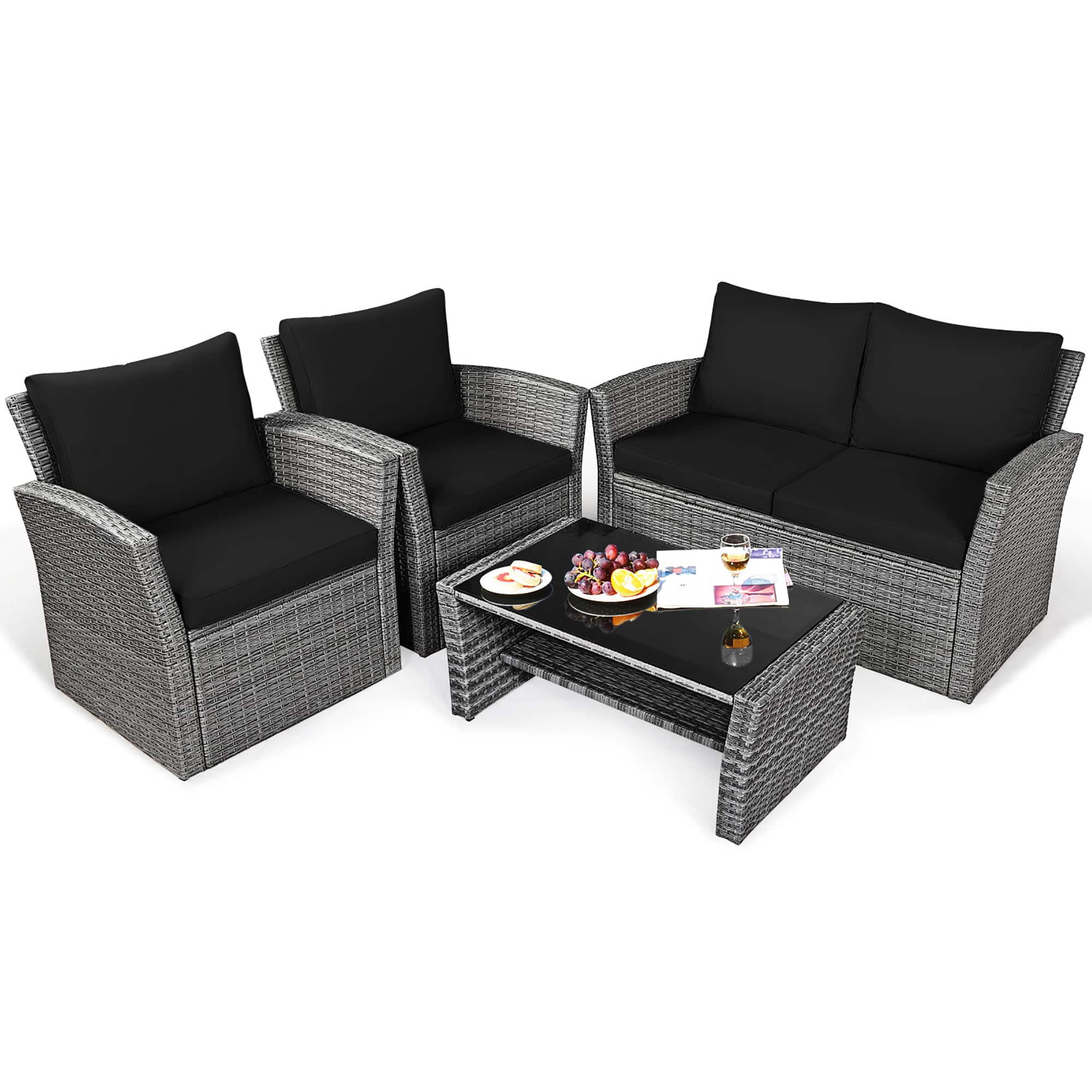 Front. Costway - Costway 4PCS Patio Rattan Furniture Set Sofa Table Storage Shelf Cushion - Black.