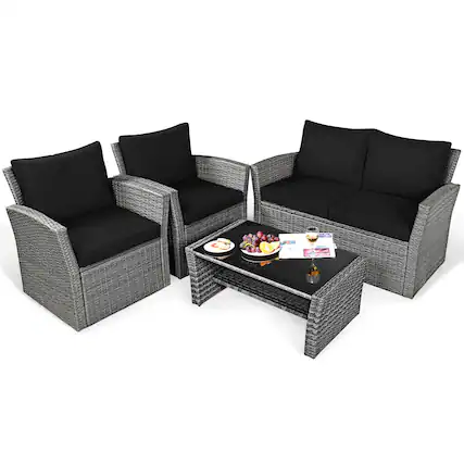 Front. Costway - Costway 4PCS Patio Rattan Furniture Set Sofa Table Storage Shelf Cushion - Black.