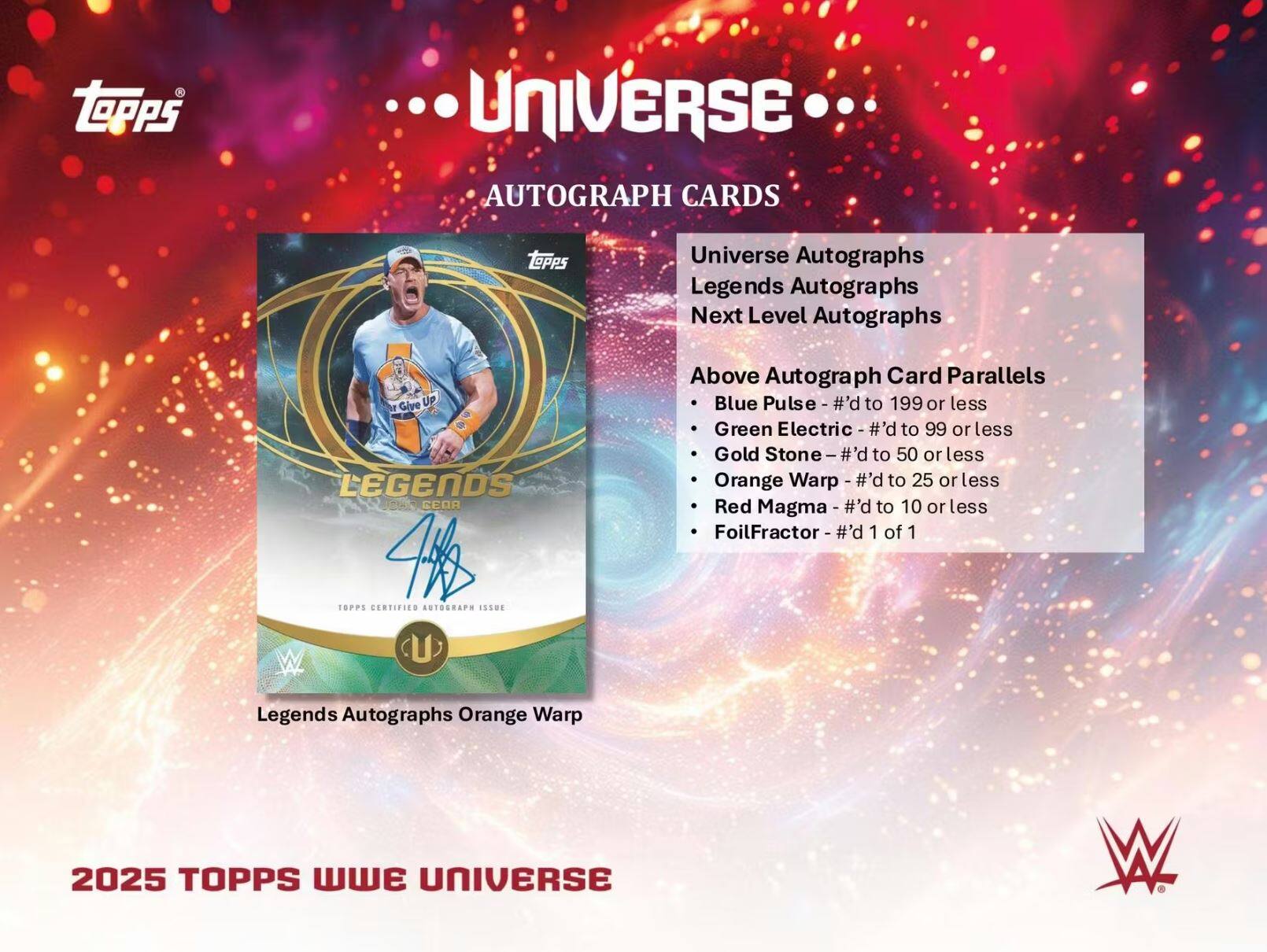 **TOPPS Universe Autograph Cards**

- Universe Autographs
- Legends Autographs
- Next Level Autographs

**Above Autograph Card Parallels**
- Blue Pulse - #d to 199 or less
- Green Electric - #d to 99 or less
- Gold Stone - #d to 50 or less
- Orange Warp - #d to 25 or less
- Red Magma - #d to 10 or less
- FoilFractor - #d 1 of 1

**TOPPS CERTIFIED AUTOGRAPH ISSUE**

**Legends Autographs Orange Warp**

**2025 TOPPS WWE Universe**