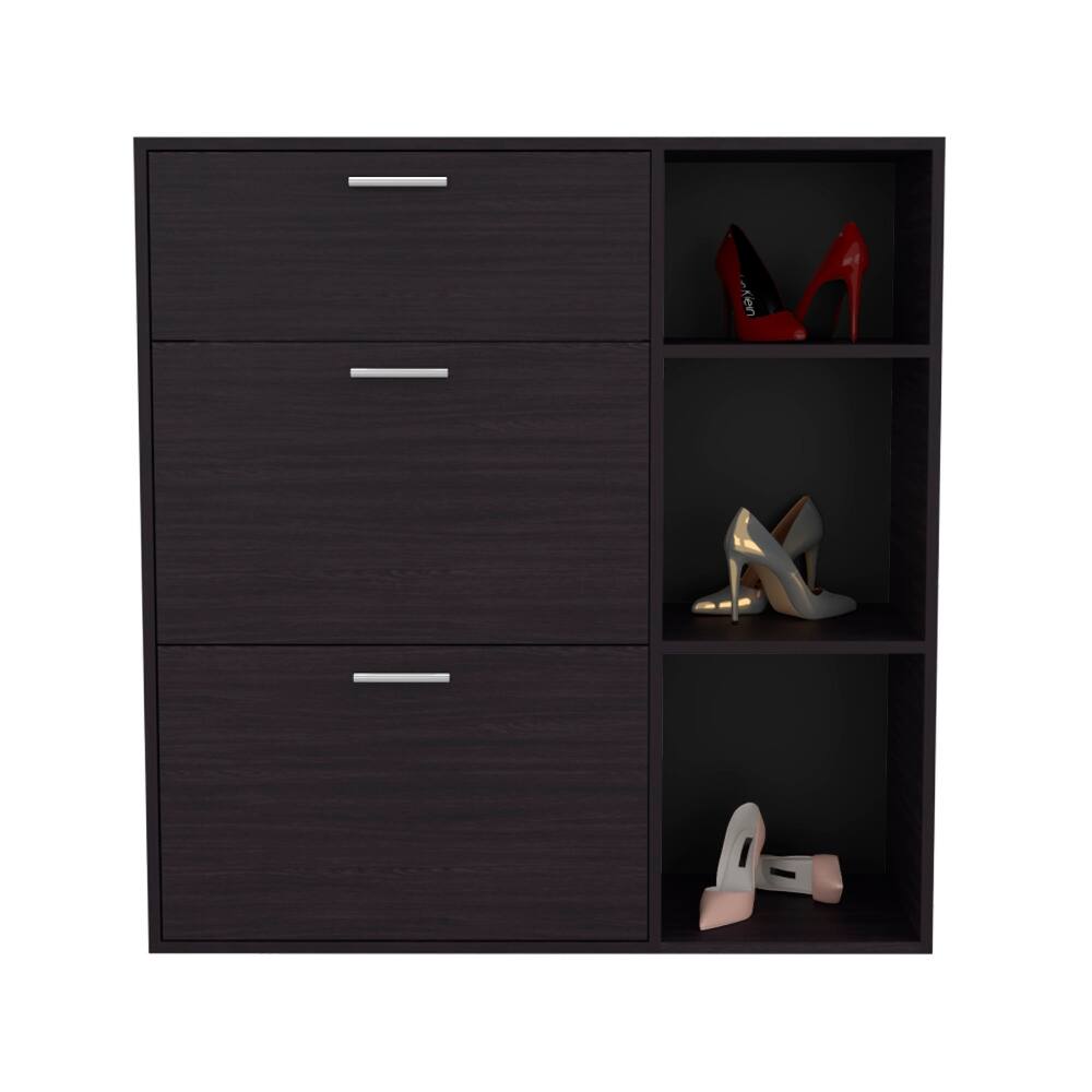Alt View 3. Loheer - Loheer black 3-door shoe cabinet, shoe storage with interior and side shelves - Black.